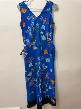Blue Floral V-Neck Jumpsuit with Waist Tie